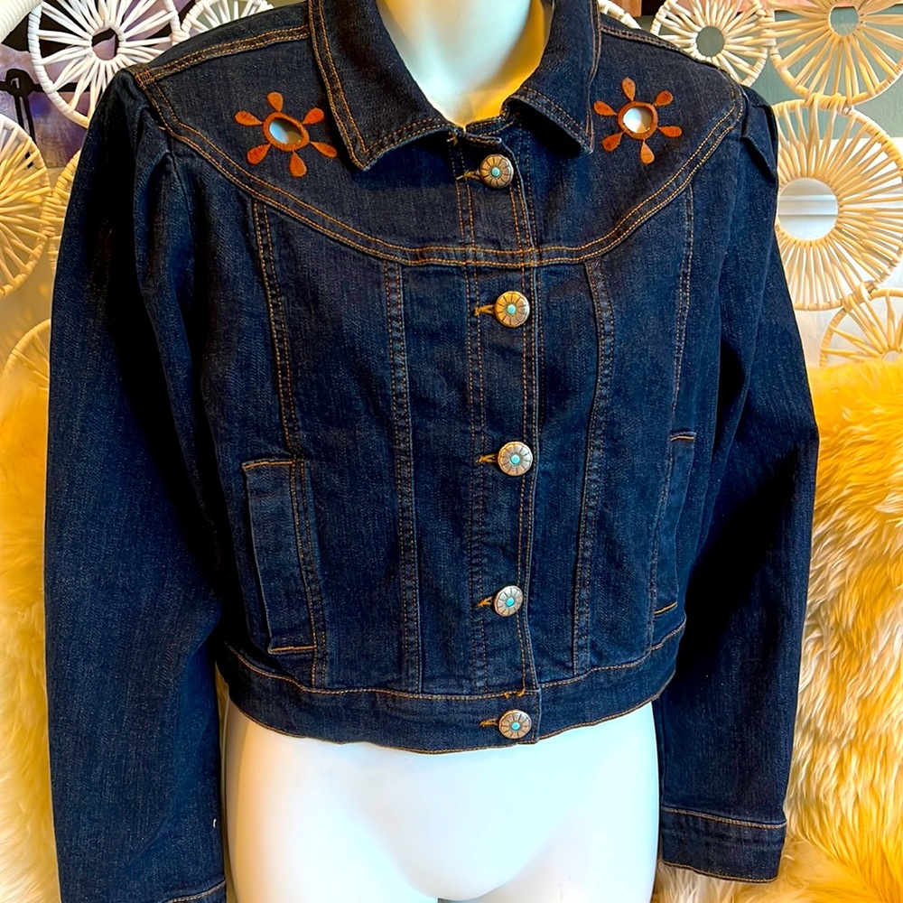 Shaft Florence Italy denim jacket silver turquoise buttons flower embroidery